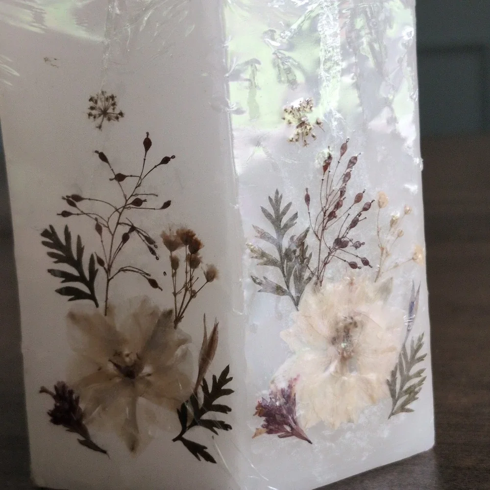 New Pressed Flower Wax Candle Luminary Votive Holder Hexagon Botanic Cottagecore